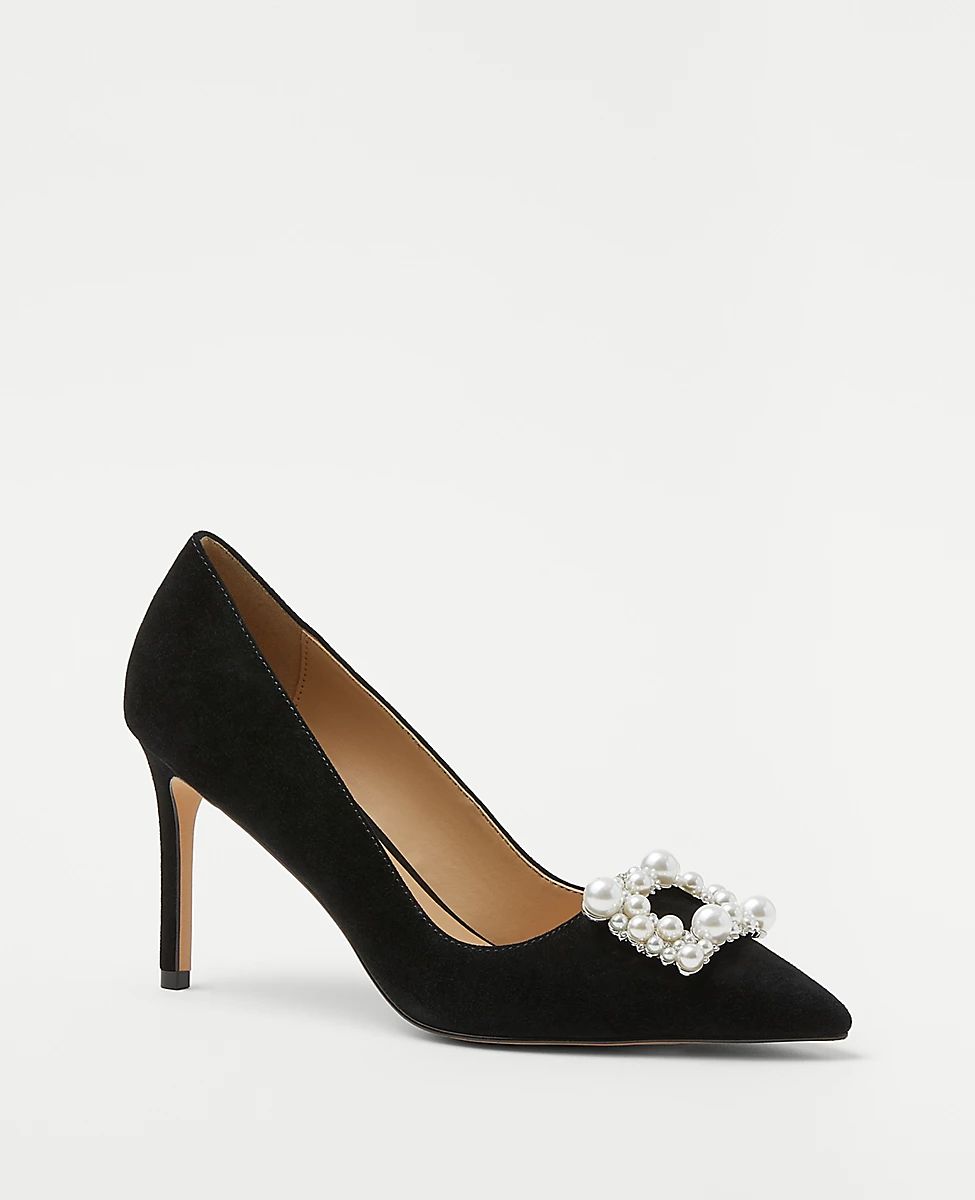 Pearlized Buckle Suede Straight Heel Pumps | Ann Taylor (US)