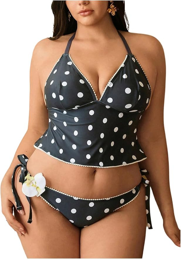MAKEMECHIC Women's Plus Size 2 Piece Tankini Swimsuits Polka Dots Halter High Cut Bathing Suit | Amazon (US)