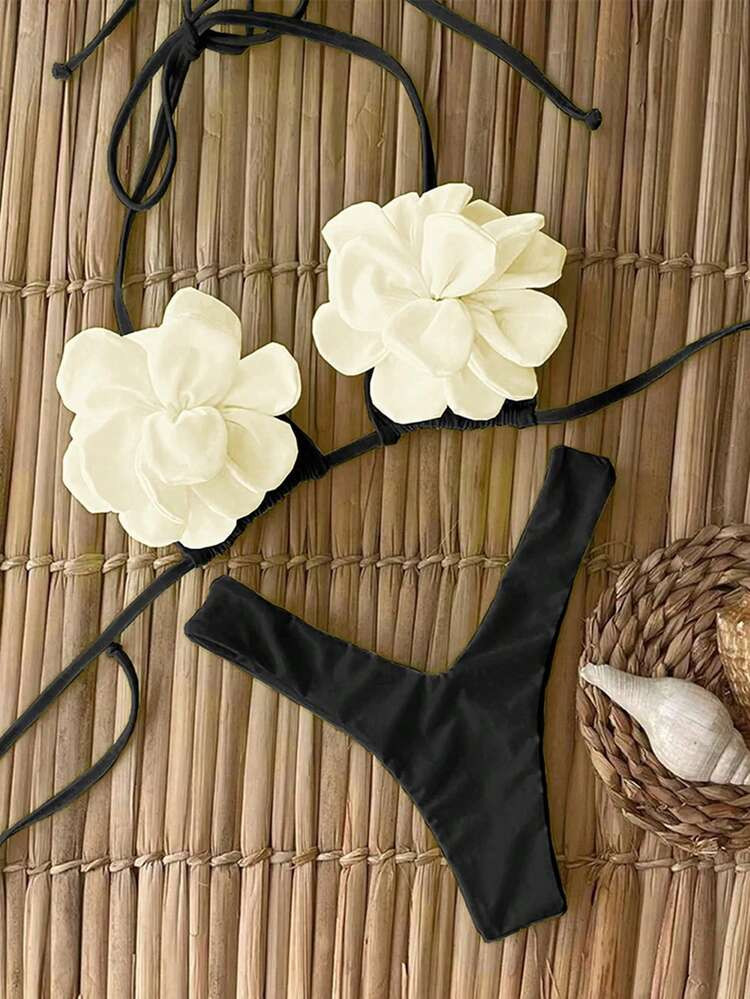 Polovedo Official New Arrival Spring/Summer Sexy Casual Elegant Black & White Floral Women's Beach Vacation Date Bikini Swimsuit | SHEIN