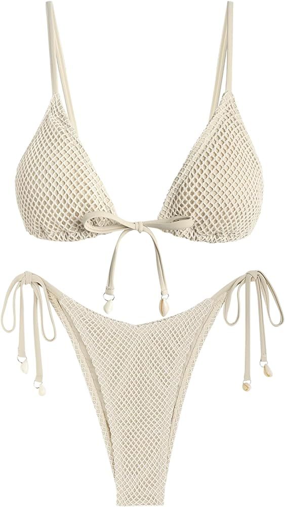 ZAFUL Women Triangle String Two Piece Bikini Fishnet Mesh Tie Shell Decor Tanga 2 Piece Swimsuit | Amazon (US)