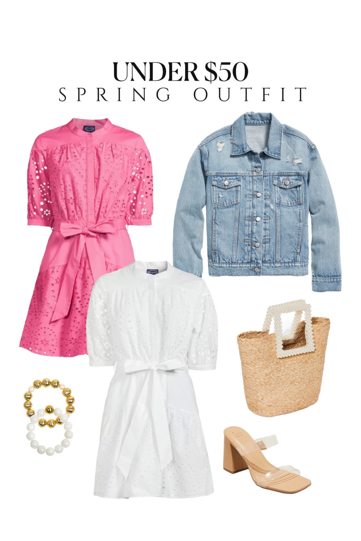 Under $50 finds, Mother’s Day outfit, eyelet dresses, distressed denim jacket gold beaded bracelets, target lisi old navy Walmart Amazon Nordstrom clear sandals clear heels 

#LTKunder50 #LTKstyletip #LTKsalealert
