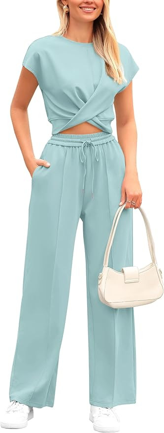 PRETTYGARDEN Women's Summer Two Piece Outfits Tracksuit Twist Front Crop Tops T Shirts Wide Leg P... | Amazon (US)