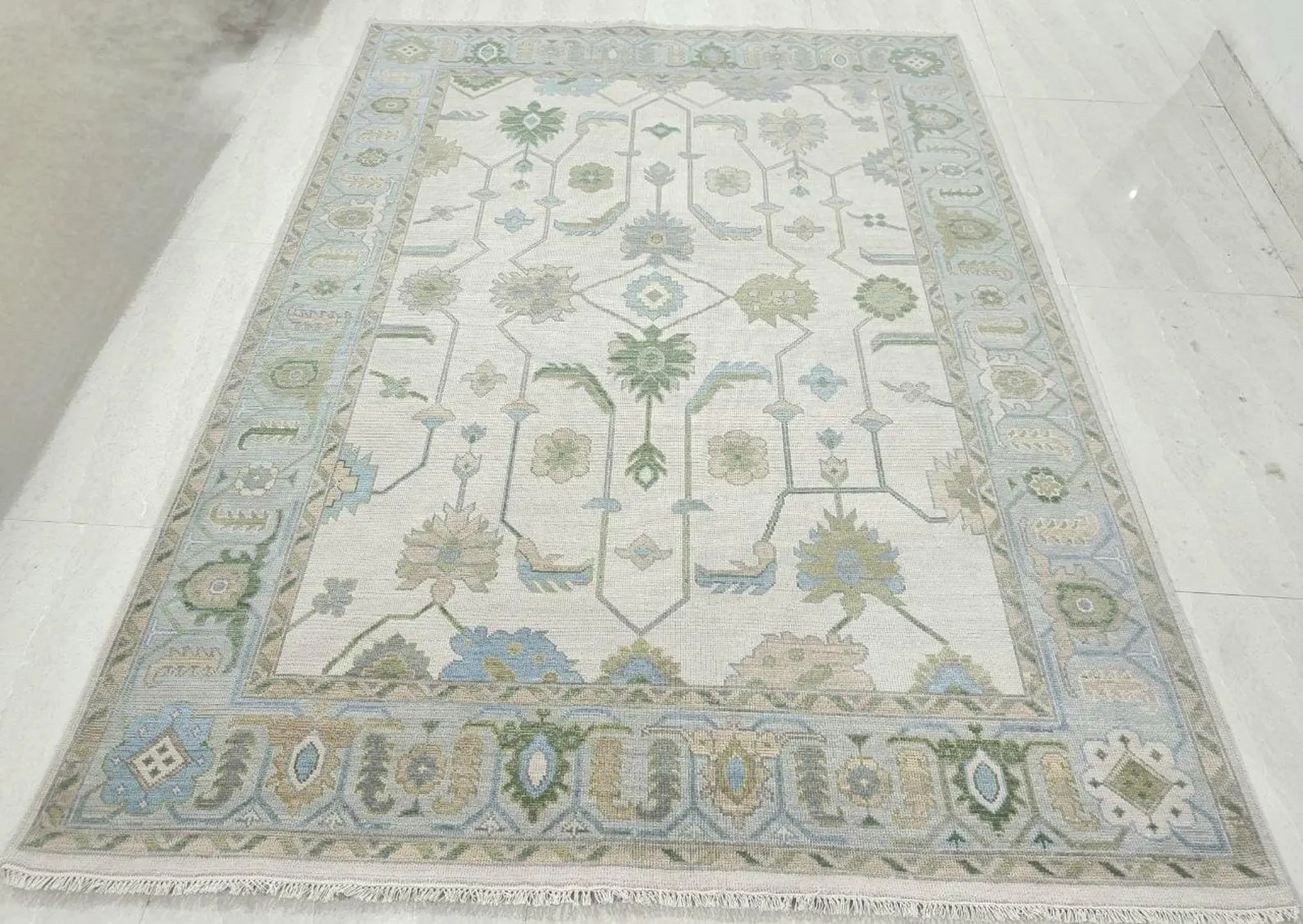 Handwoven Beige Oushak Rug: Blue & Green Wool Turkish Rug - Etsy | Etsy (US)
