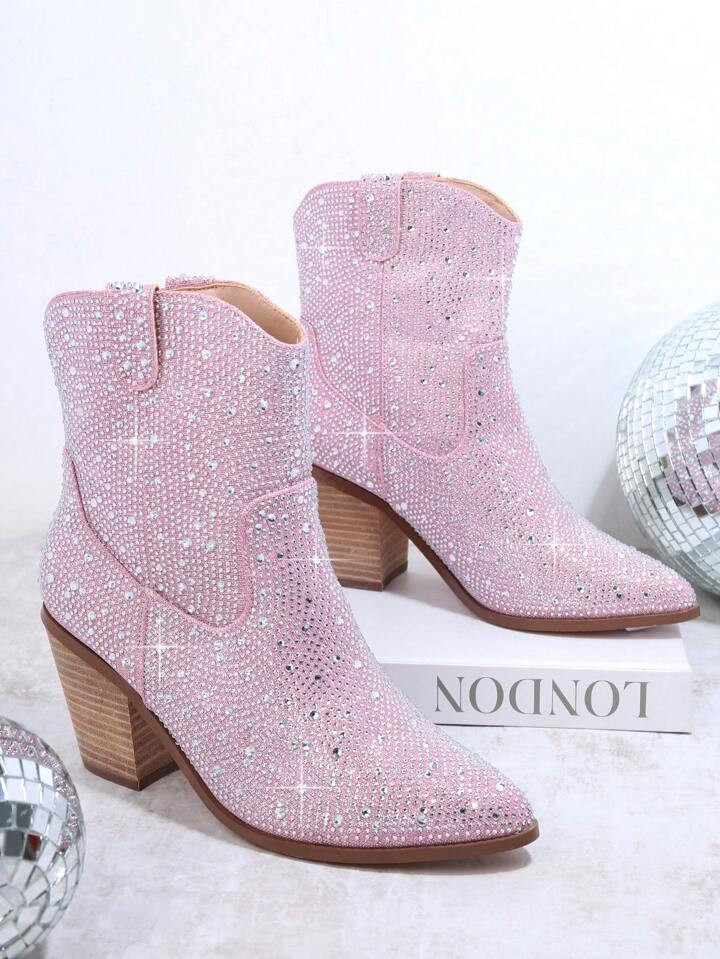 Rhinestone Decor Chunky Heeled Boots | SHEIN