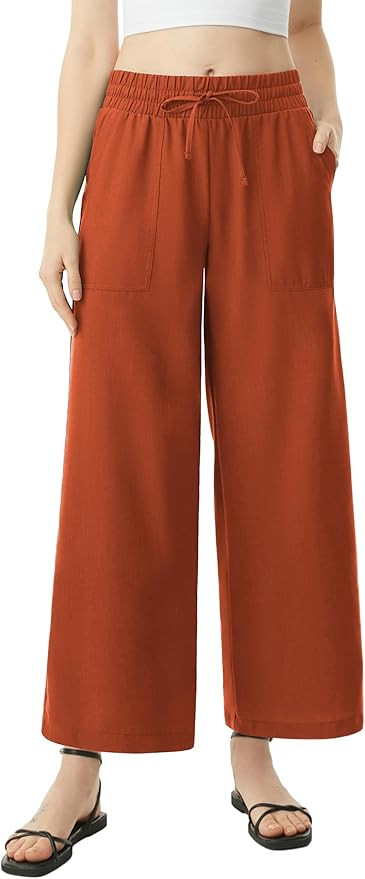 AFITNE Women Linen Palazzo Pants Summer Boho Wide Leg High Waist Casual Lounge Pants with Pockets | Amazon (US)