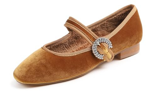 FEVERSOLE Women's Mary Jane Fashion Square Toe Easy Buckle Low Heel Slip On Flats Camel Brown Velvet Fur Lined Rhinestone Size 9.5 M US | Amazon (US)