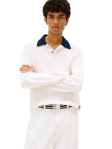 Tommy Jeans Men's Regular Woven Label Rugby Sweater, Ancient White Large | Amazon (US)