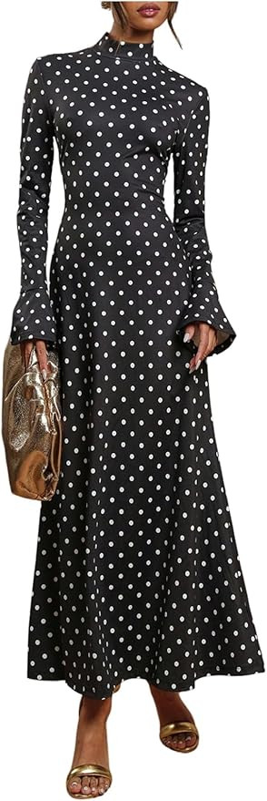 Milumia Women's Polka Dots Long Bell Sleeve Maxi Dress Elegant Mock Neck A Line Vintage Long Dres... | Amazon (US)