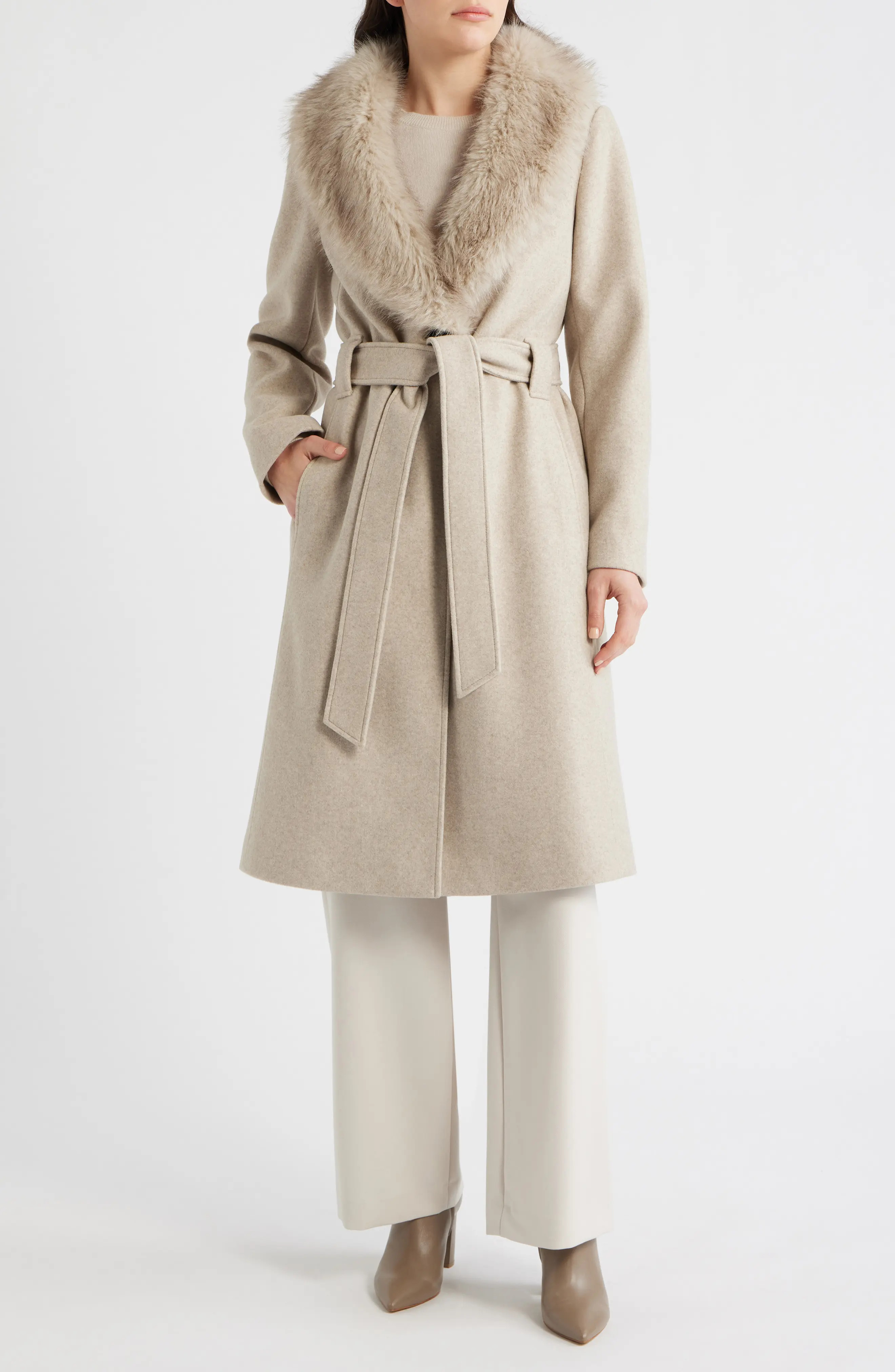 Belted Wrap Coat with Faux Fur Collar (Women) | Nordstrom | Nordstrom