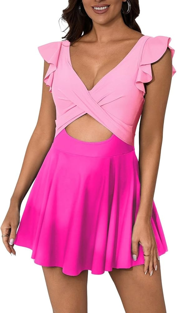 B2prity Tummy Control One Piece Swimsuit for Women Ruffle Swimdress V Neck Wrap Bathing Suit Cuto... | Amazon (US)