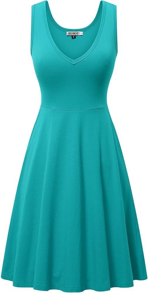 HUHOT Womens Sleeveless V Neck Dress with Pocket Summer Beach Midi Flared Tank Dress | Amazon (US)