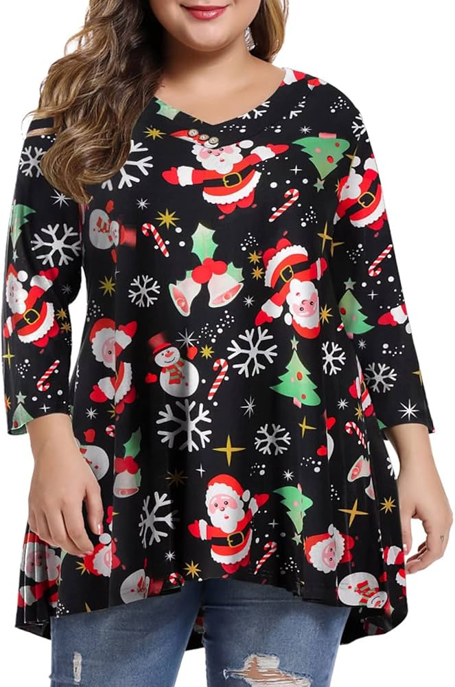 MONNURO Womens Plus Size 3/4 Sleeve V Neck Button Casual Loose Flowy Swing Tunic Tops Basic Tee S... | Amazon (US)