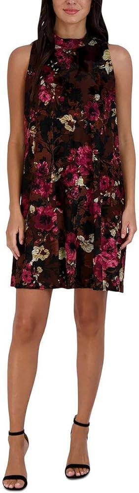 Amazon.com: ROBBIE BEE Women's Petite Stylish Velvet A-Line Mock Neck Dress, Black Multi, Small :... | Amazon (US)