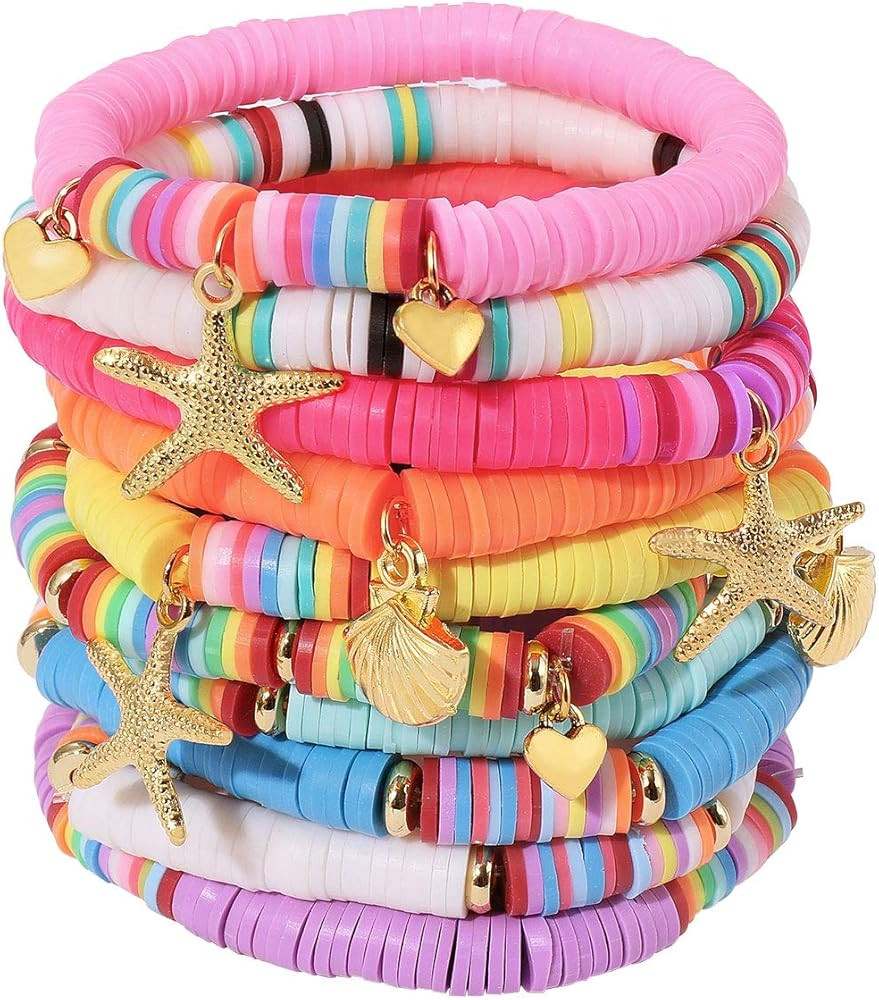 Ornaland Heishi Surfer Bracelets Set Polymer Clay Heishi Beads Stretch Bracelets Bohemia Summer B... | Amazon (US)