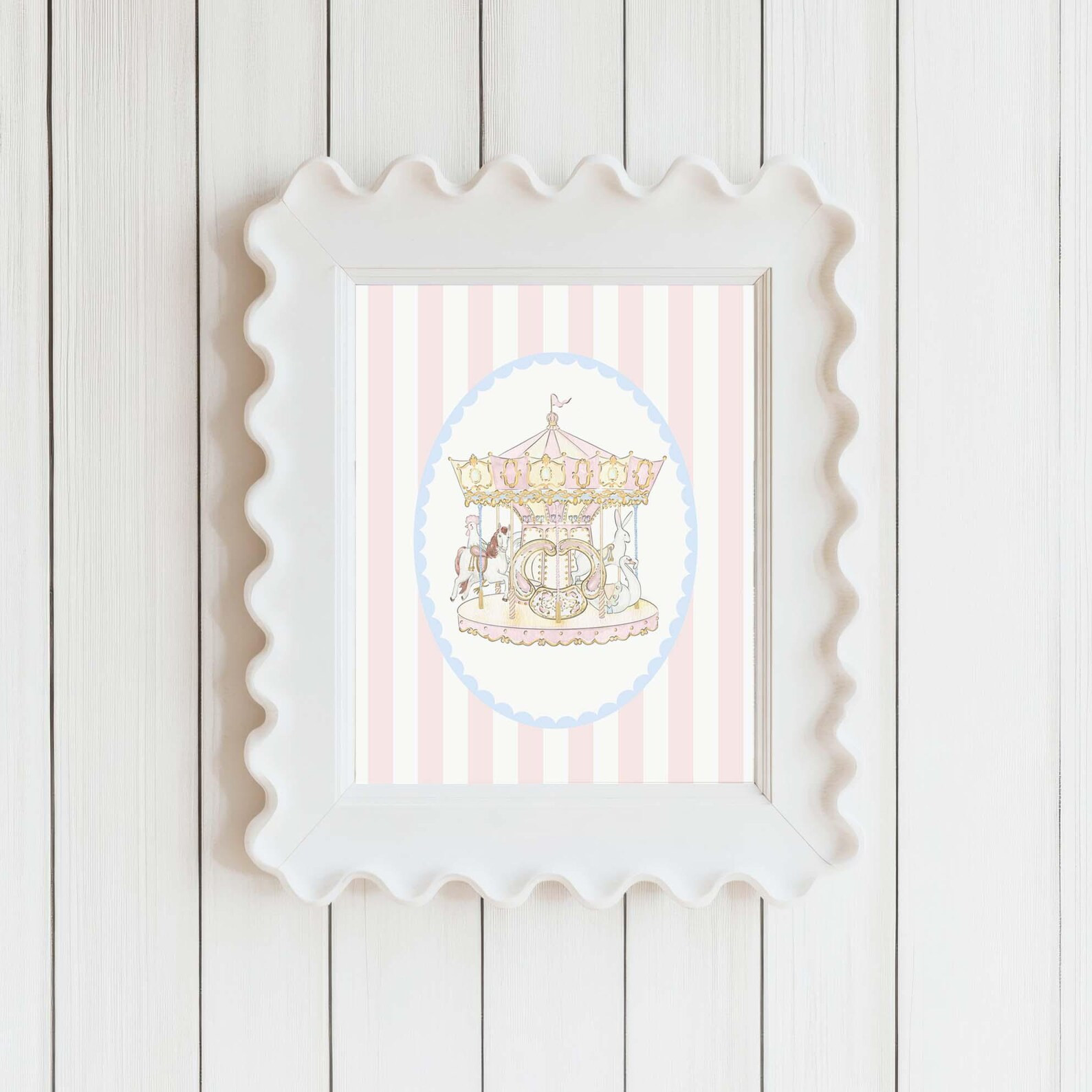 Pink Striped Carousel Art Print: French Nursery Decor, Watercolor Giclée - Etsy | Etsy (US)