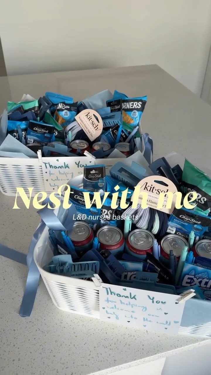 Making baskets for our labor & delivery nurses before baby boy makes his big arrival 🤍🧺🩵 #nestwithme #nursesbaskets #laboranddelivery #babydelivery #thirdtrimester