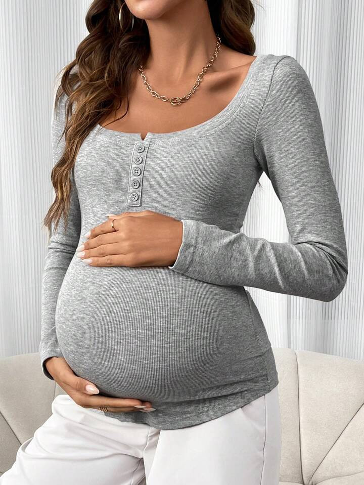SHEIN Maternity Half Button Placket Round Neck T-Shirt With Long Sleeve | SHEIN