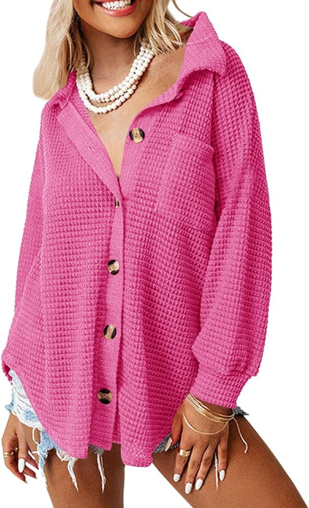 ANGGREK Womens Casual Button Down Shirts Waffle Knit Shacket Jacket Long Sleeve Dressy Blouses To... | Amazon (US)