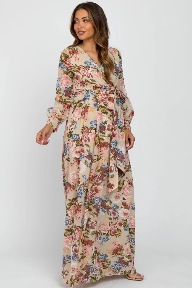Taupe Floral Chiffon Maternity Maxi Dress | PinkBlush Maternity