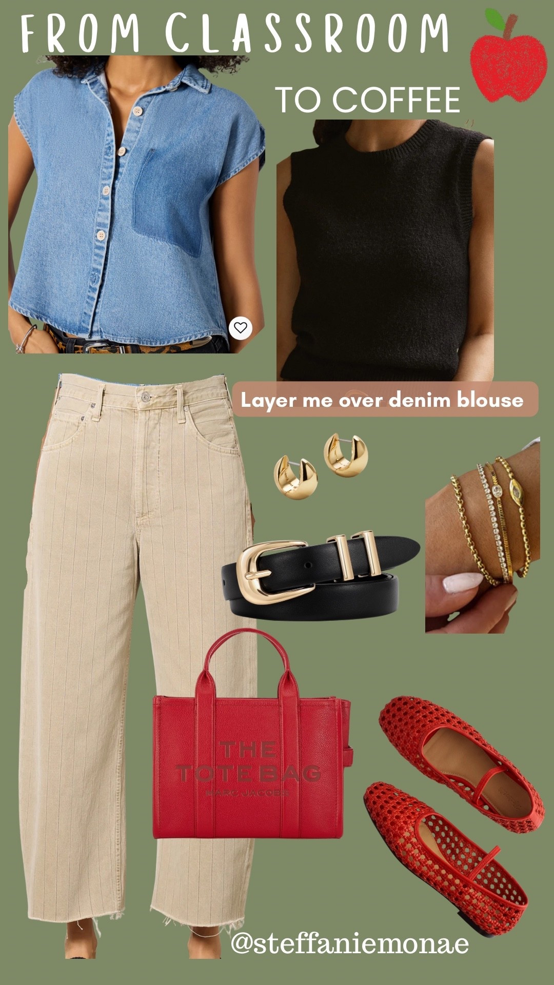 Teacher Outfit 🍎 Step into the school year in style with this preppy back-to-school teacher outfit. Featuring a classic denim blouse with a crisp collar, a chic black sweater vest overlay, and tailored belted khaki-style pants for a polished classroom look. Styled with a bold red tote bag, matching red mesh flats, and simple bracelet accessories for a pop of color. Perfect for teacher style inspiration, first day of school outfits, and smart casual workwear you can wear all semester. Shop this teacher-approved fall outfit and recreate this easy, polished look for work or everyday wear.

#teacheroutfit 

#LTKWorkwear #LTKStyleTip