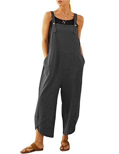 UANEO Womens Cotton Adjustable Casual Summer Bib Overalls Jumpsuits with Pockets (Grey, L) | Amazon (US)