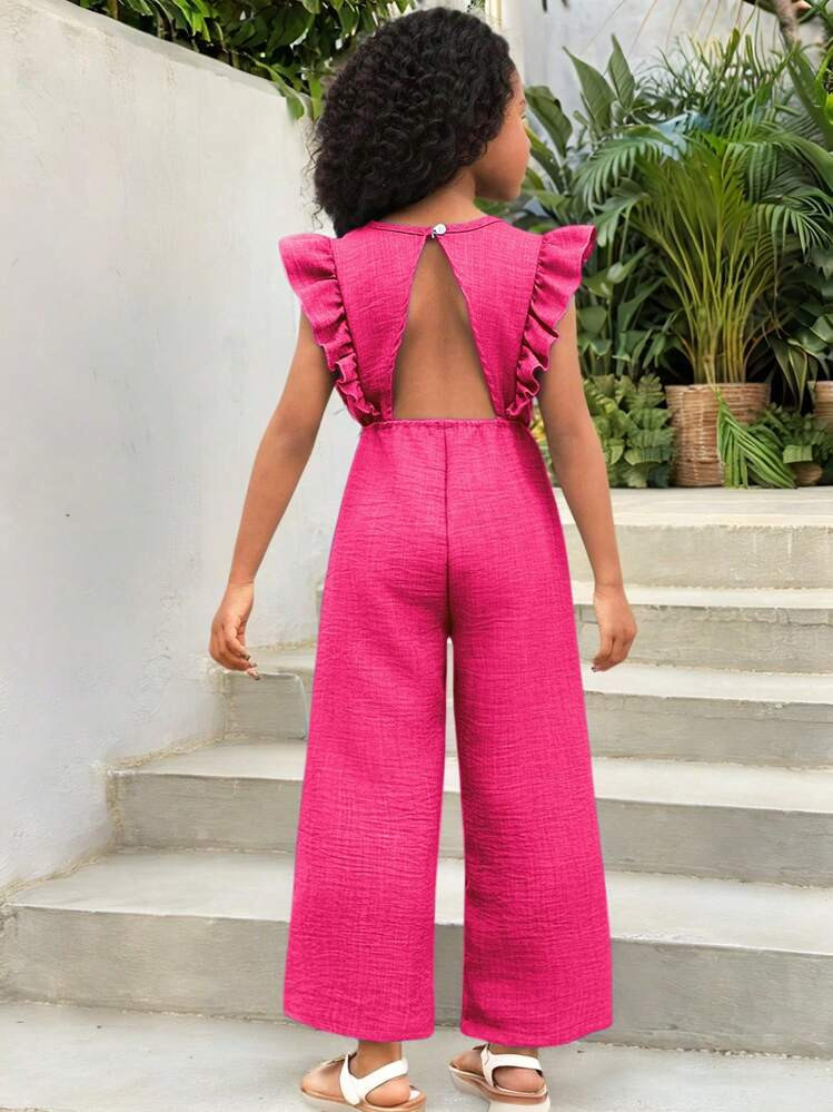 SHEIN Sparklyn Girls' Casual All-Match Versatile Ruffle Hem Hollowed Back Drawstring Waist Long Pants Jumpsuit, Suitable For Beach Vacation & Everyday Wear Ruffle Jumpsuit | SHEIN