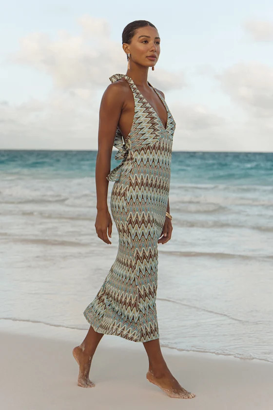 Majesty Turquoise and Brown Crochet Halter Midi Dress | women spring dress women  | Lulus