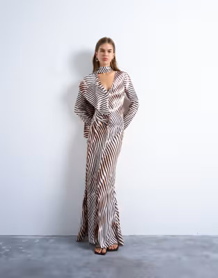 Topshop long sleeve ruffle maxi dress with scraf wrap detail in abstract stripe | ASOS | ASOS (Global)