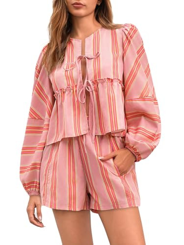 Tankaneo Womens 2 Piece Outfits Tie Front Peplum Tops Shorts Sets Striped Puff Long Sleeve Blouse Y2K Lounge Sets Light Pink | Amazon (US)