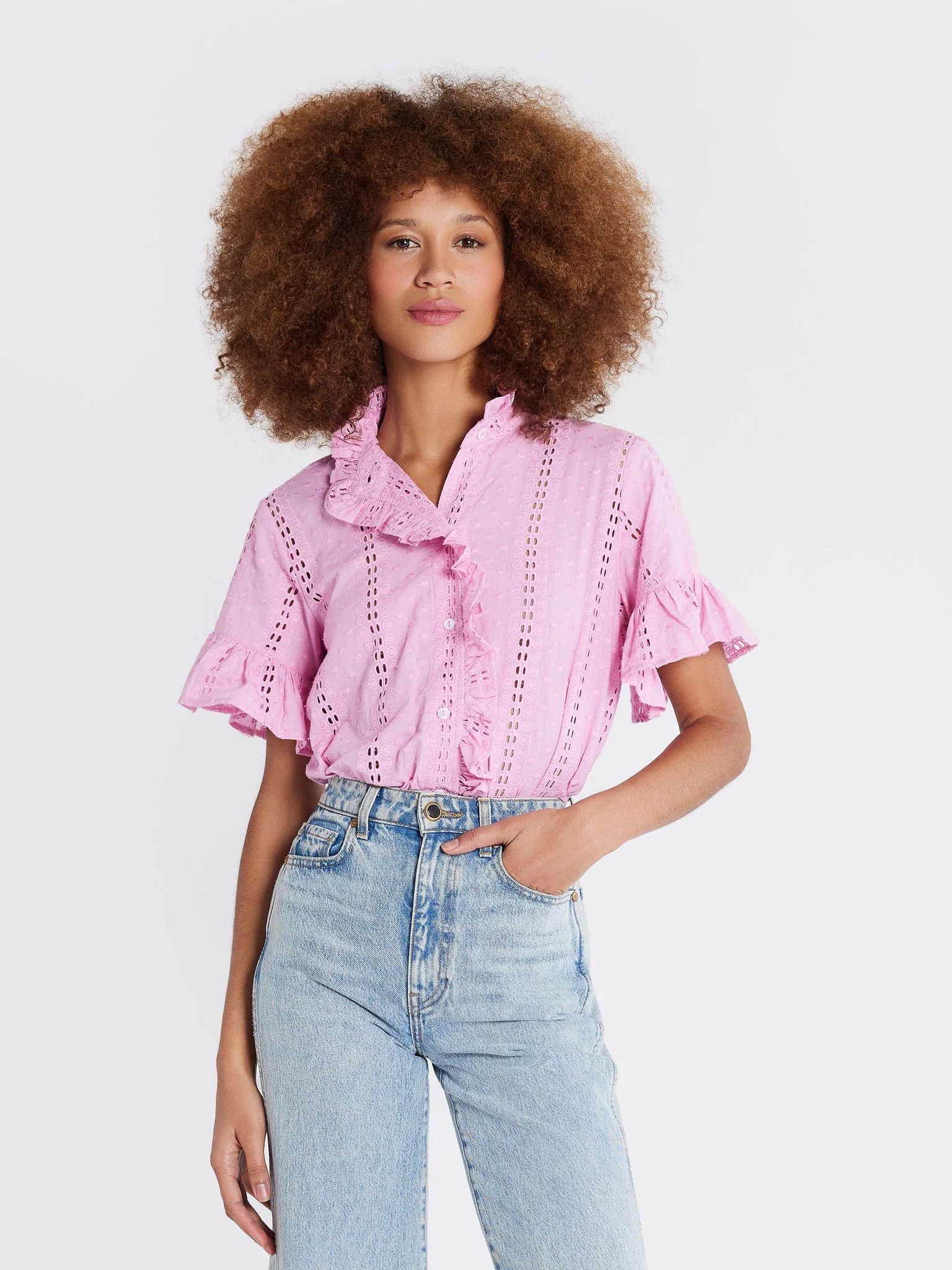 Vanessa Top in Bubblegum Polka Dot Eyelet | Mille