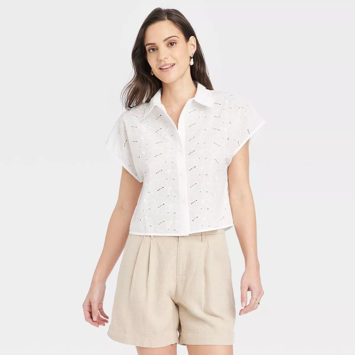 Women's Short Sleeve Eyelet Camp T-Shirt - A New Day™ White S | Target