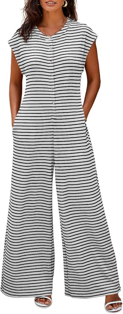 Cicy Bell Womens Summer Striped Wide Leg Cap Sleeve Button Down Jumpsuits | Amazon (US)