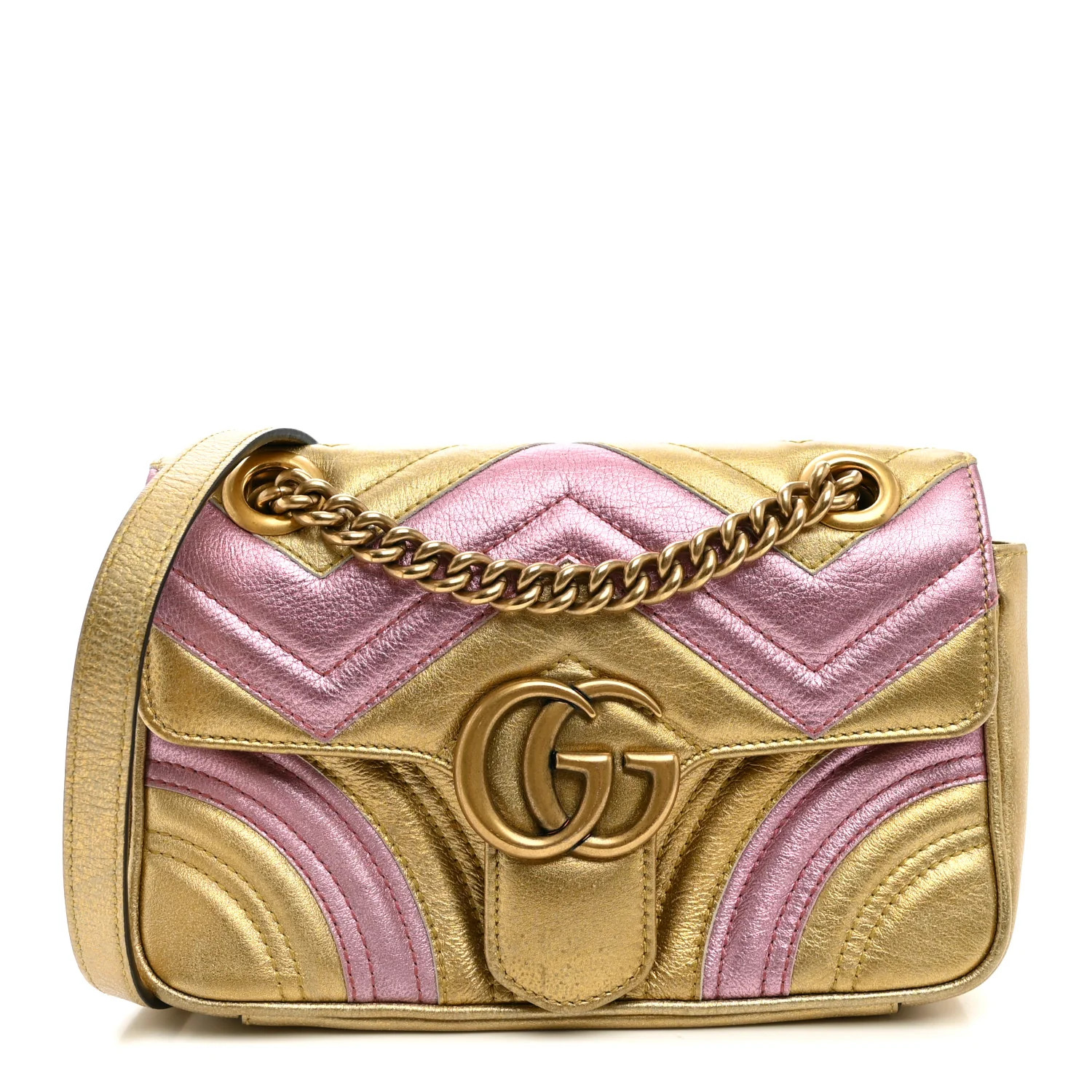 Gucci Metallic Calfskin Matelasse Mini GG Marmont Shoulder Bag Gold Pink 1953577 | FASHIONPHILE (US)