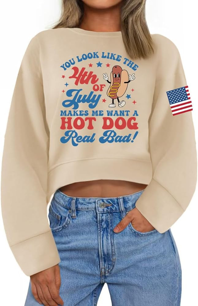 Ymoshoe 4th of July Sweatshirts For Women USA Cropped Sweatshirt American Flag Sweaters Long Slee... | Amazon (US)