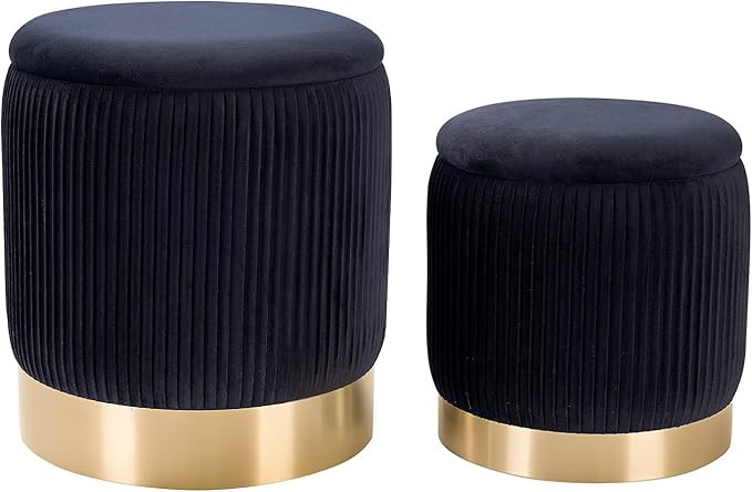Round Velvet Storage Ottoman Set of 2, Nesting Pouf Footrest with Gold Metal Base and Pleated Des... | Amazon (US)