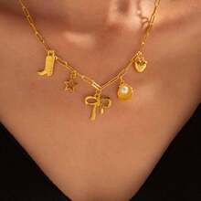 Paperclip Design Necklace With Bow Star Shell Pearl Heart And Denim Boot Charms | SHEIN