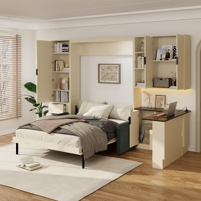 Queen Size Murphy Bed with Hydraulic Storage, Sofa, Wood Queen Cabinet Bed Wall Bed with Shelves & Drawer, Folding Wall Chest Bed with LED/USB, Beige | Target