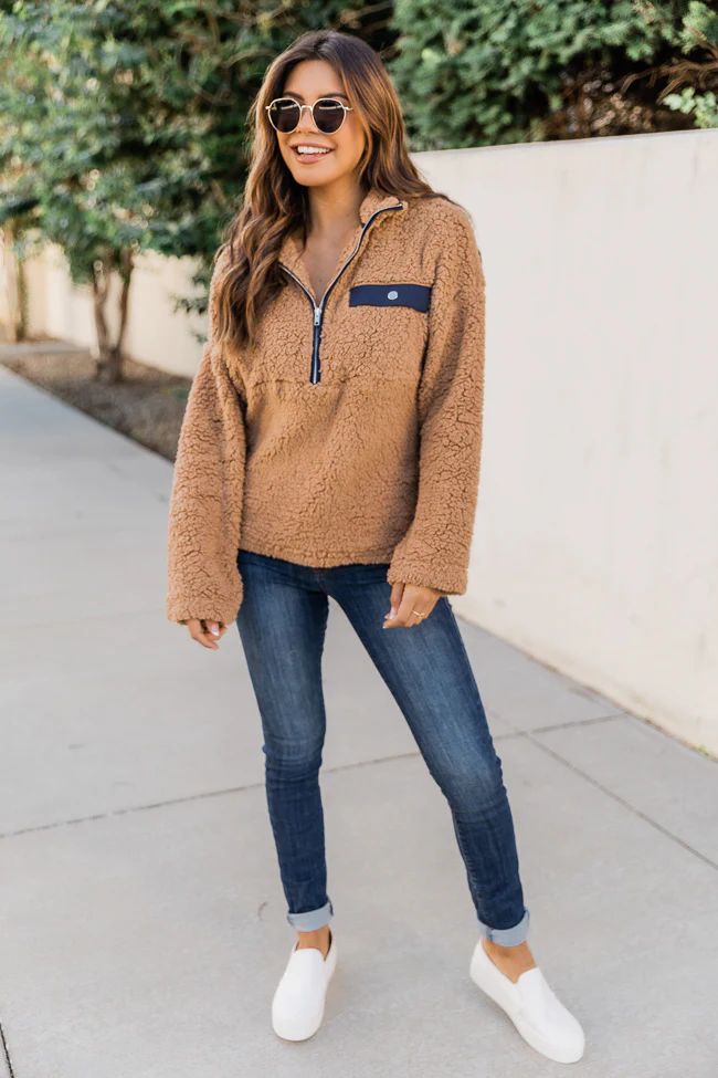 Journey To You Mocha Sherpa Quarter Zip Pullover | The Pink Lily Boutique