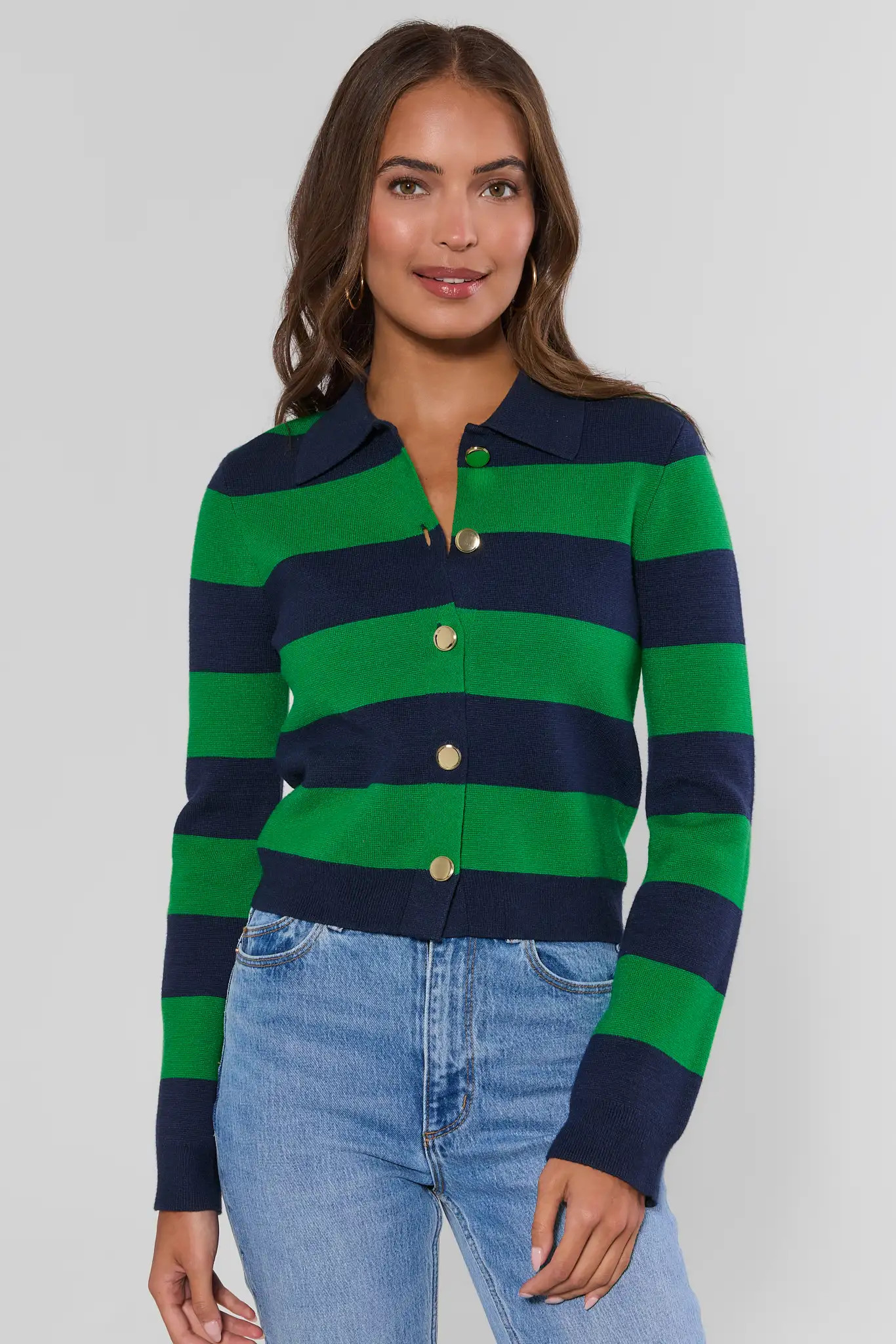Amelia Green Striped Button Up Sweater | Avara