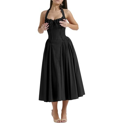 Women Floral Corset Dress Halter Neck Low Cut Bustier Lace Midi Dress Flowy Pleated Hem Long Sundress with Pockets Black | Amazon (US)