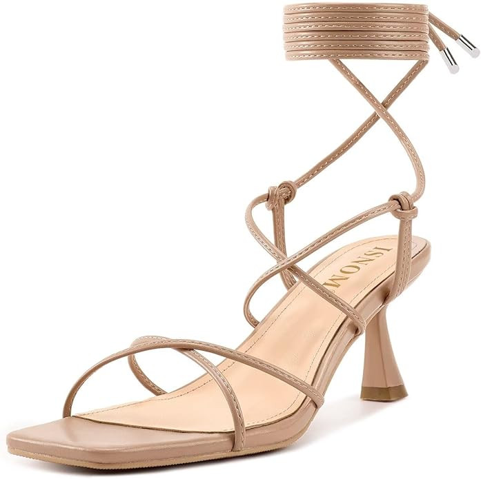 ISNOM Strappy Sandals for Women Kitten Heels Lace Up Heels Stiletto Heels Wrap Around Heels with ... | Amazon (US)