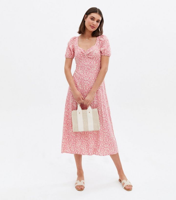 Pink Floral Ruched Sweetheart Midi Dress
						
						Add to Saved Items
						Remove from Saved ... | New Look (UK)