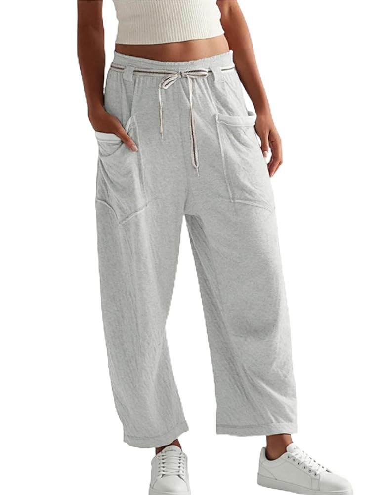 Womens Baggy Barrel Pants Wide Leg Elastic-Wasited Cotton Loose Palazzo Lounge Sweatpants with Po... | Amazon (US)