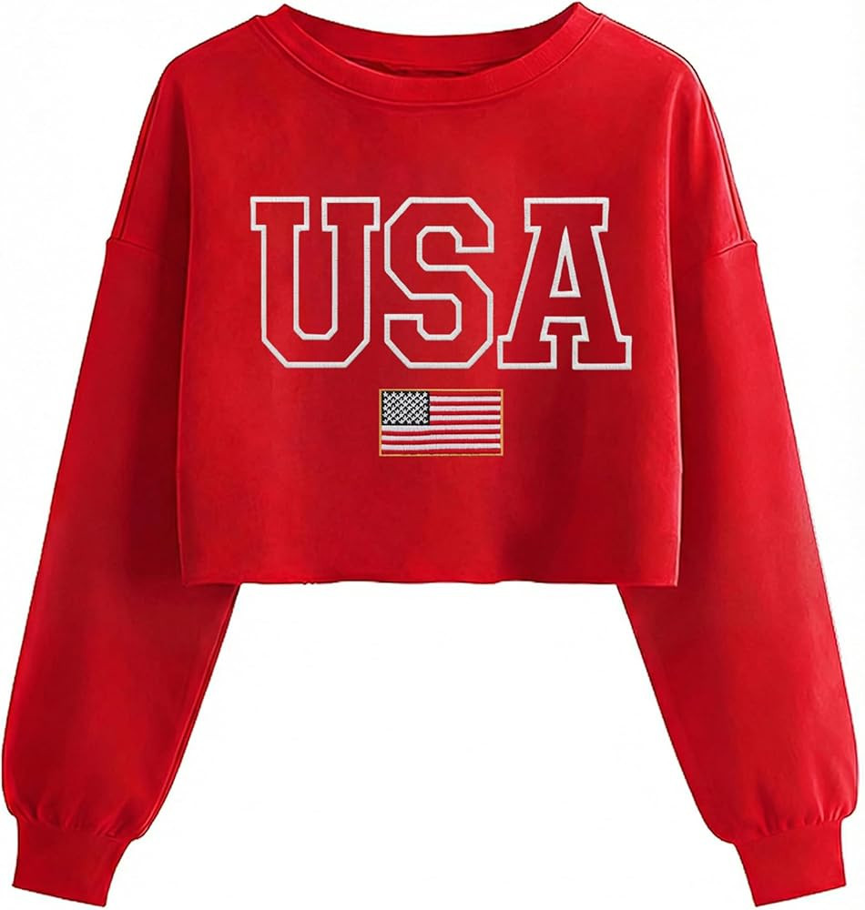 USA Flag Sweatshirts for Women: Embroidered 4th of July Shirts Long Sleeve Patriotic Crop Sweatsh... | Amazon (US)