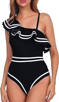 Women One Piece Nave Vintage Swimsuits One Shoulder Ruched Flounce High Waisted Swimwear Nautical... | Amazon (US)