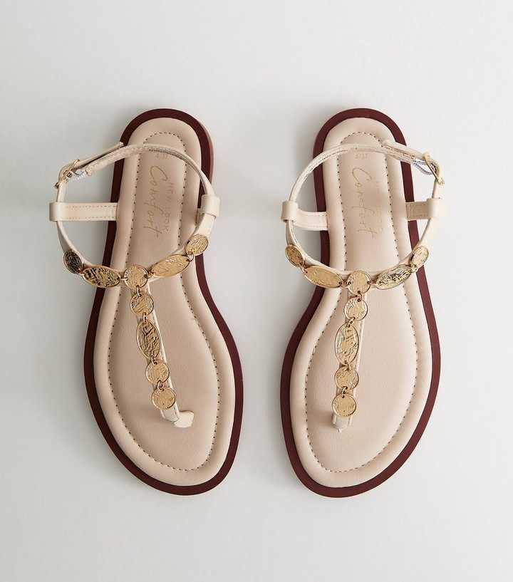Off White Gold Coin Trim Toe Post Sandals | New Look | New Look (UK)