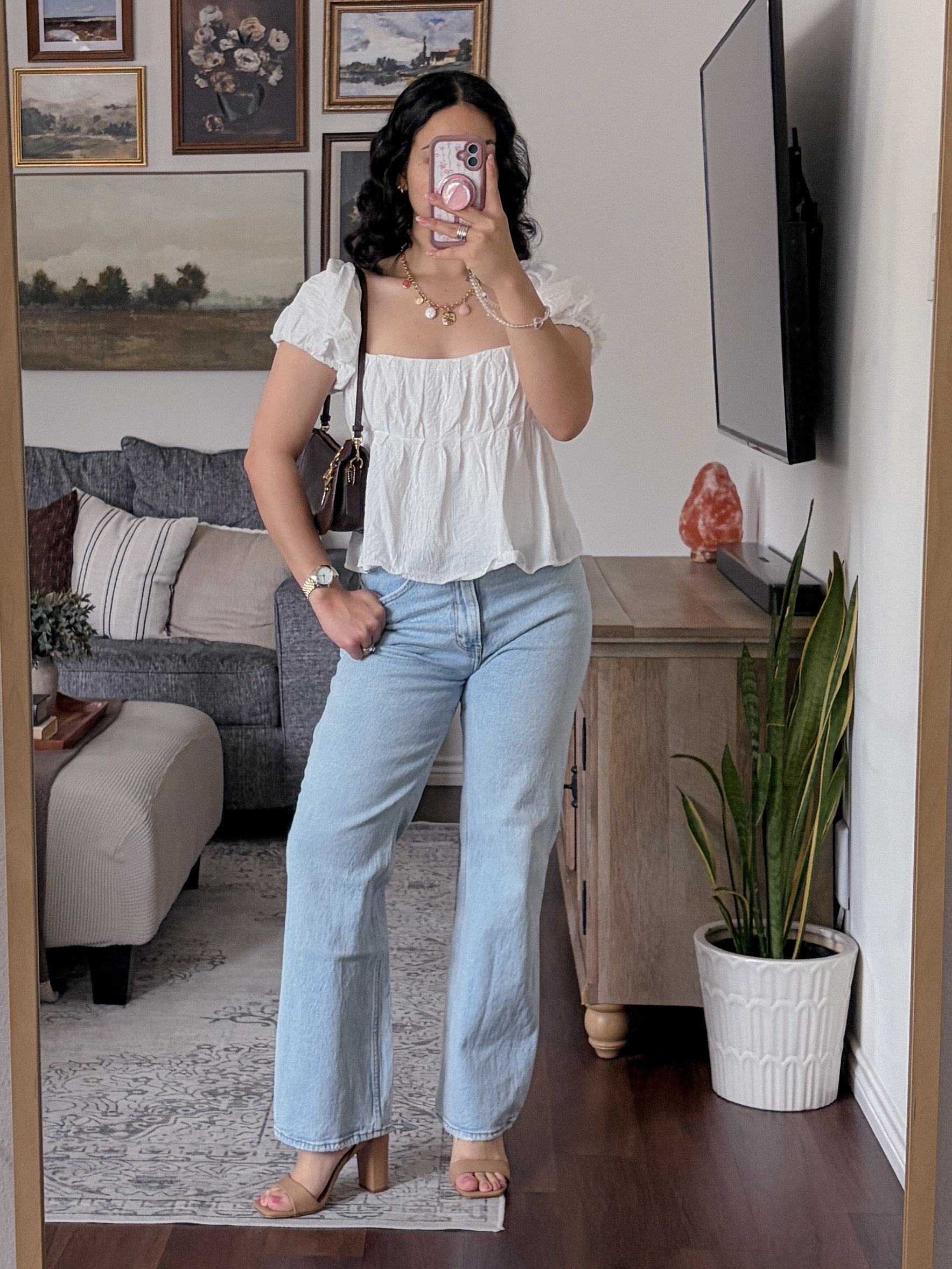 2 out of 3 ways to style a white top for summer ☀️ white top outfit, white blouse outfit, summer outfit inspo, 3 ways to style a white top, styling basics, capsule wardrobe outfit, summer capsule wardrobe, light wash jeans outfit, jeans and heels outfit, nude heels outfit, strappy heels outfit, casual chic outfit, elevated everyday style, effortless summer style, classy casual outfit, neutral outfit inspo, beachy accessories outfit, seashell necklace outfit, coastal chic style, coastal granddaughter aesthetic, gold and silver watch outfit, two tone jewelry, layered jewelry look, brown purse outfit, everyday chic outfit, timeless summer style, versatile outfit ideas, mix and match outfits, ootd, outfit inspo, style inspo, fashion inspo 2026, Coach waverly bag outfit  

 #LTKxAbercrombie #LTKdayinmylife #LTKgrwm
