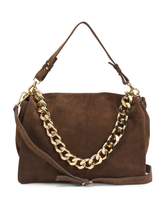 Made In Italy Suede Flap Over Shoulder Bag With Chain | TJ Maxx
