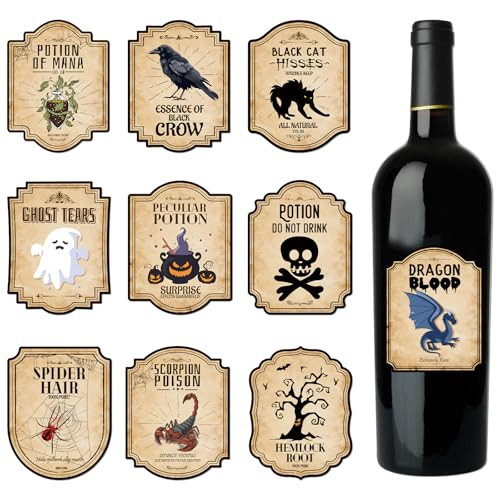 Halloween Potion Bottle Labels Stickers - 60PCS Retro Halloween Cat Pumpkin Apothecary Decor Potion Bottle Stickers Horror Ghost Crow Skull Spider Web Dragon Water Cup Stickers for Kids Teens Adults | Amazon (US)