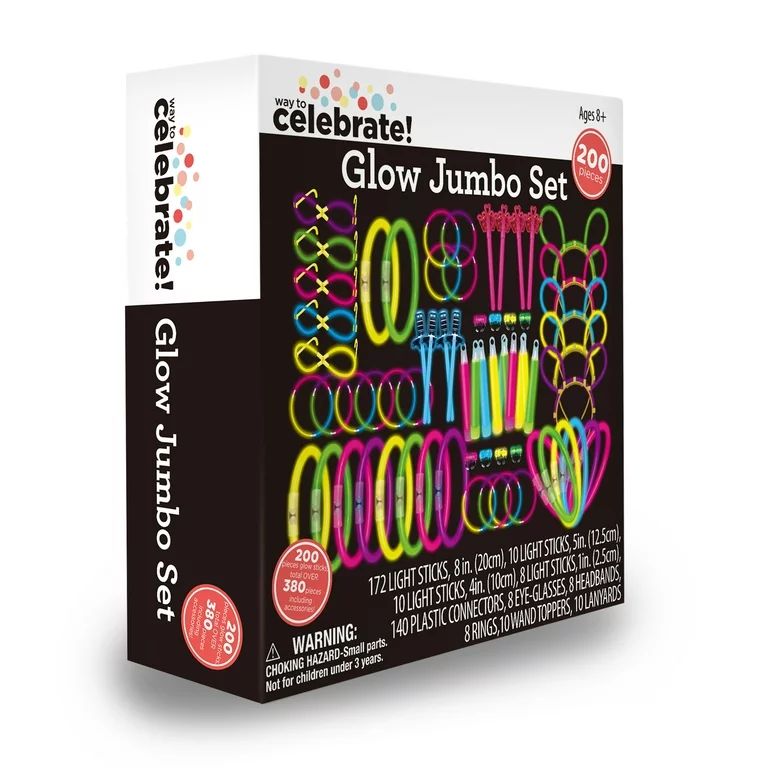 Way to Celebrate! Multicolor Jumbo Glow Sticks Party Favors Set, 200 Count, 8.5in. x 8.75in. x 2.... | Walmart (US)